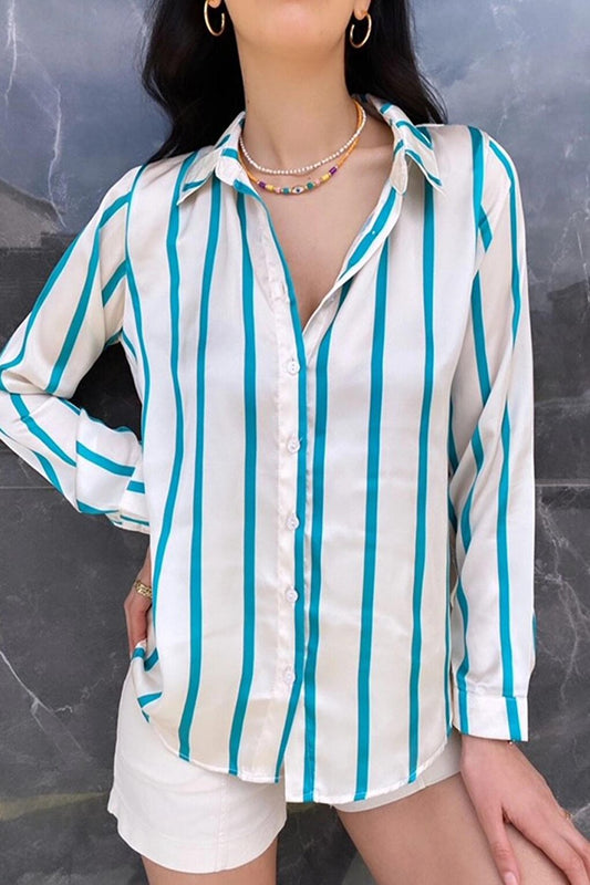 Petrol Blue Draped Viscose Basic Striped Satin Shirt