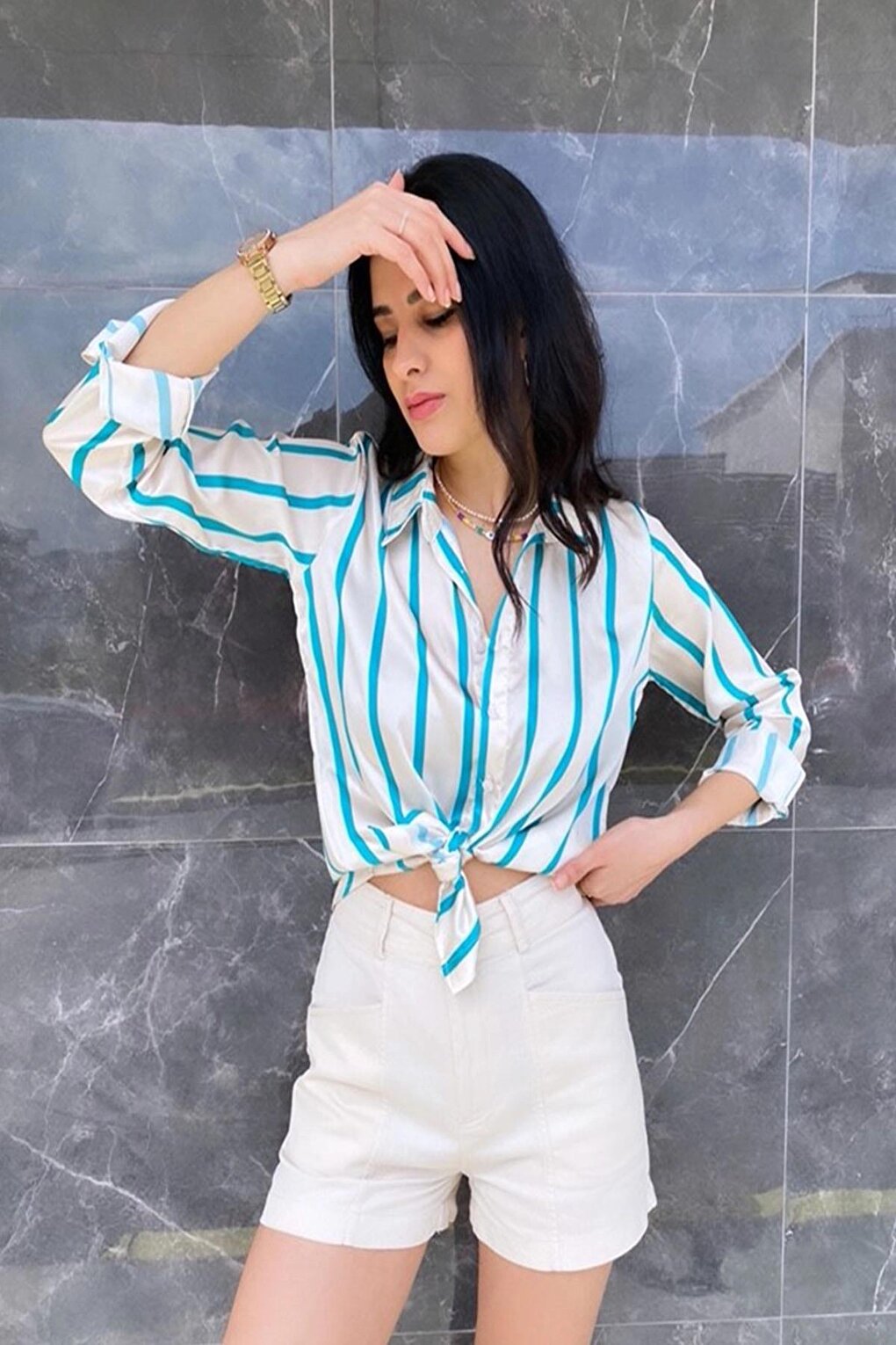 Petrol Blue Draped Viscose Basic Striped Satin Shirt