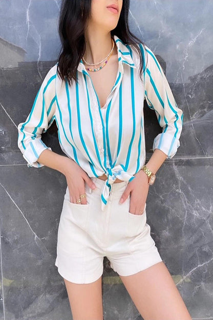 Petrol Blue Draped Viscose Basic Striped Satin Shirt