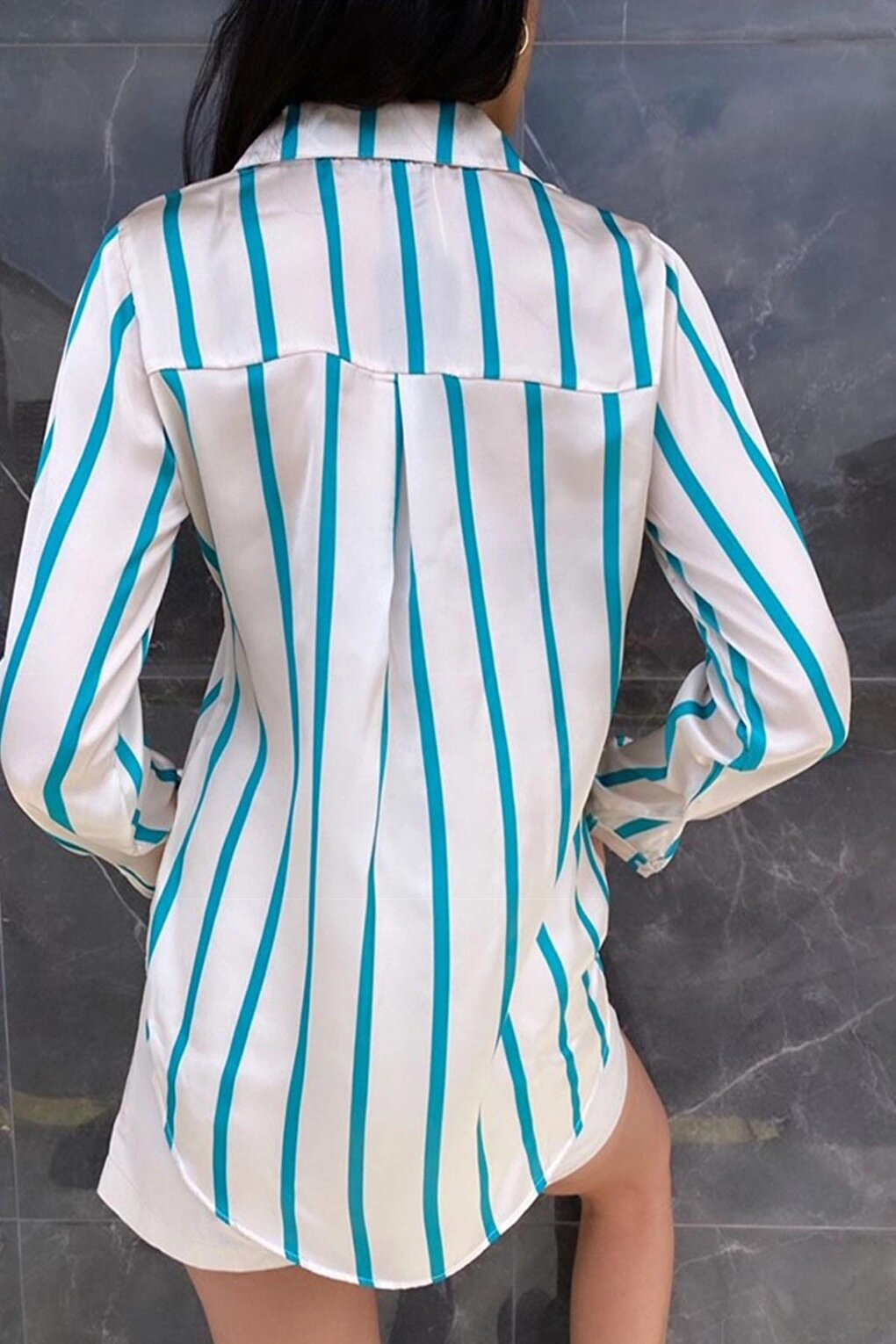 Petrol Blue Draped Viscose Basic Striped Satin Shirt