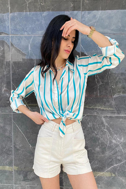 Petrol Blue Draped Viscose Basic Striped Satin Shirt