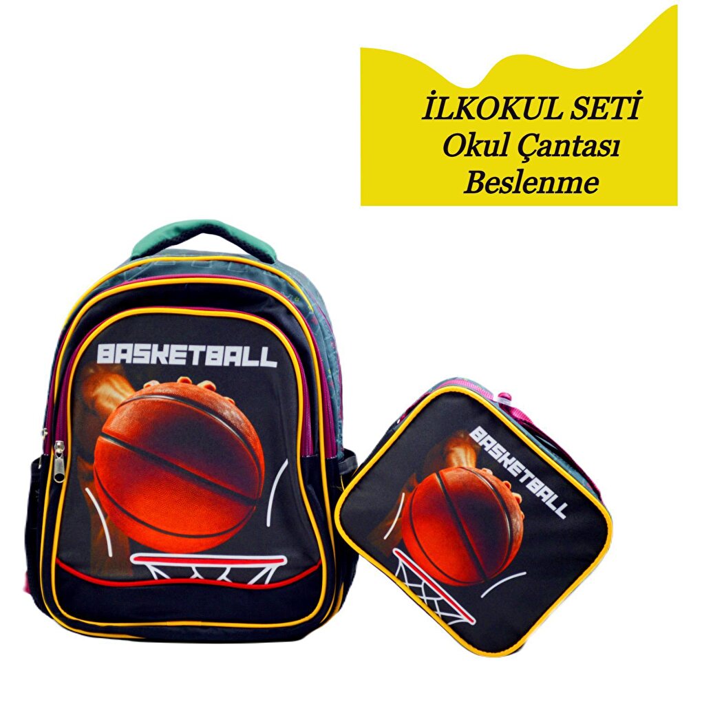 3 Compartment Primary School School Backpack and Lunchbox Basketball Burgundy