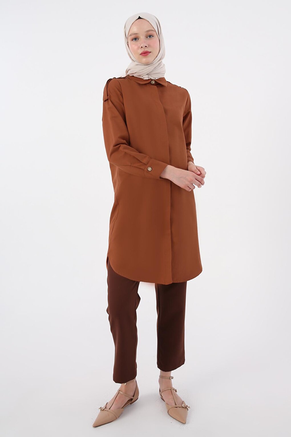 Brick Cotton Epaulette Shirt Tunic