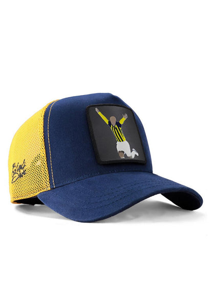 V1 Trucker Football Player - Unisex Navy Blue-Yellow Hat (Cap) with 4 Code Logo