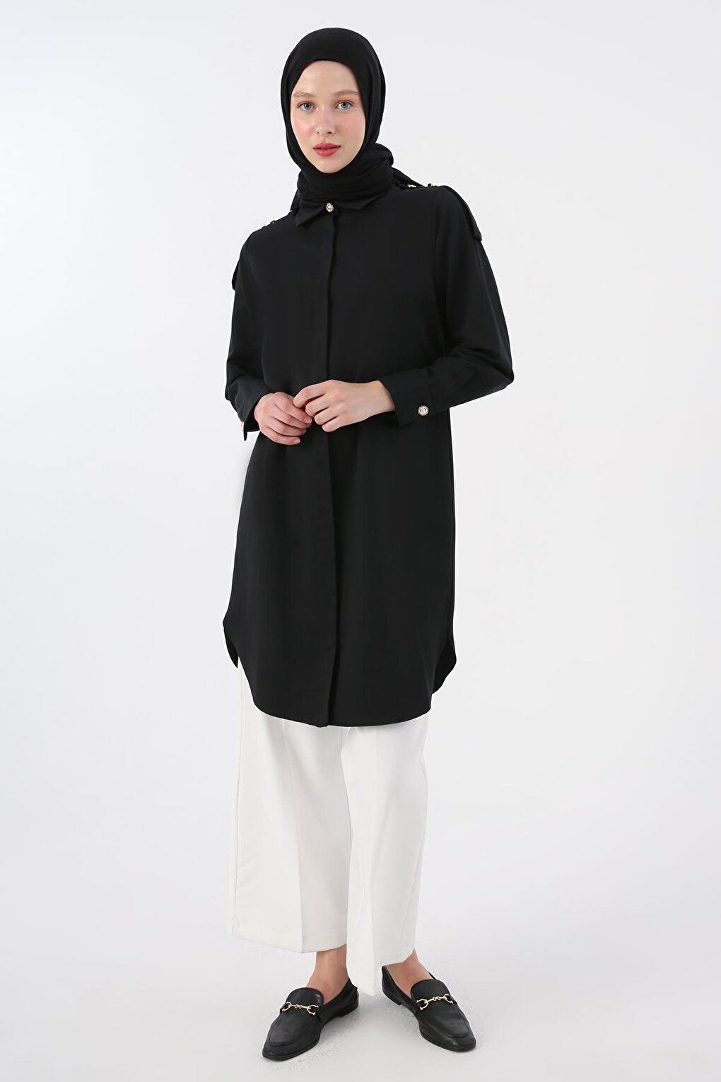 Black Cotton Epaulette Shirt Tunic