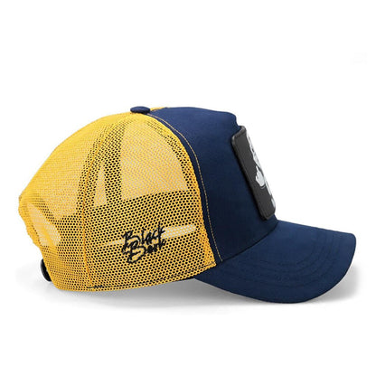 V1 Trucker Football Player - Unisex Navy Blue-Yellow Hat (Cap) with 4 Code Logo