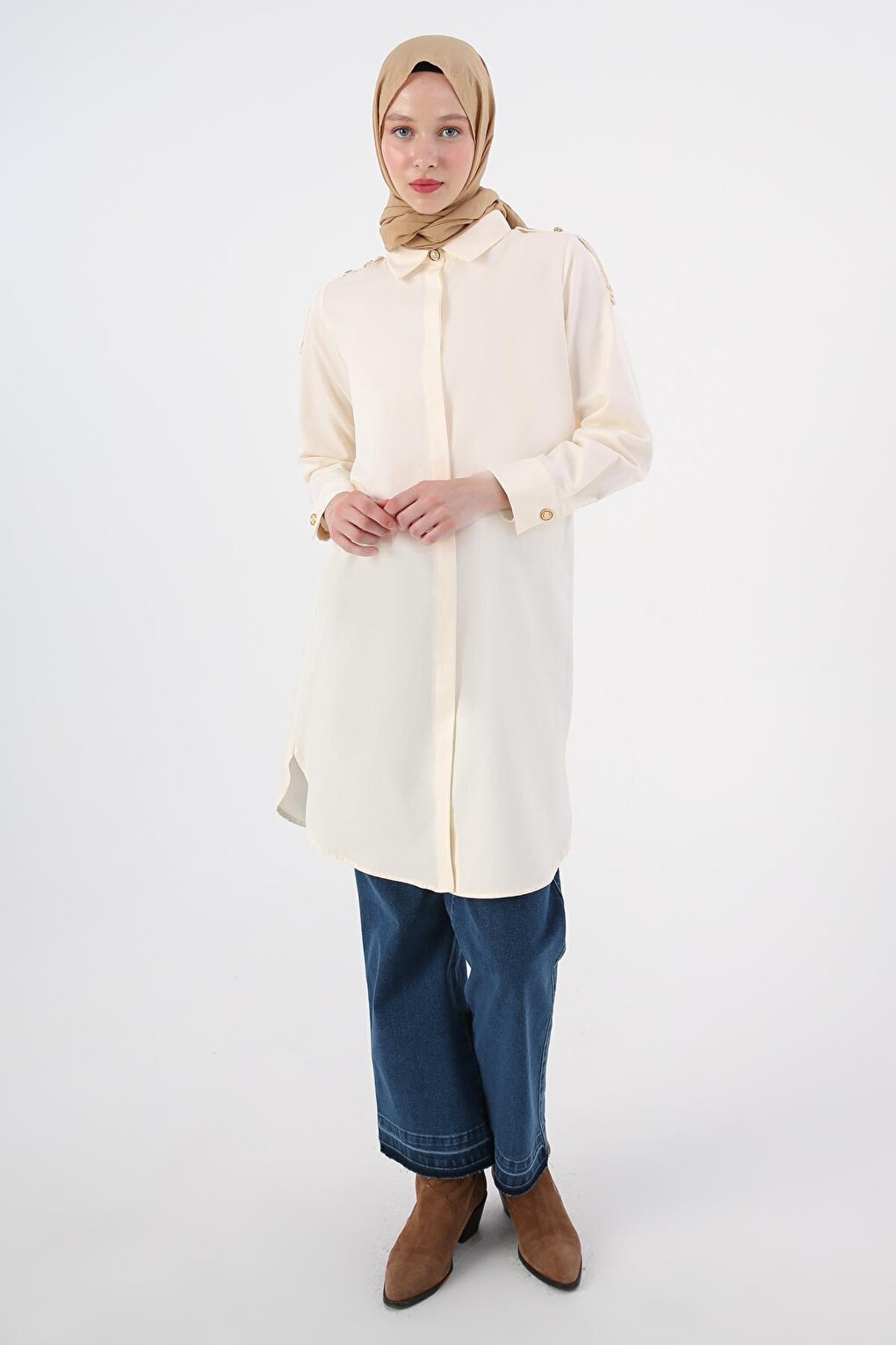 Ecru Cotton Epaulette Shirt Tunic