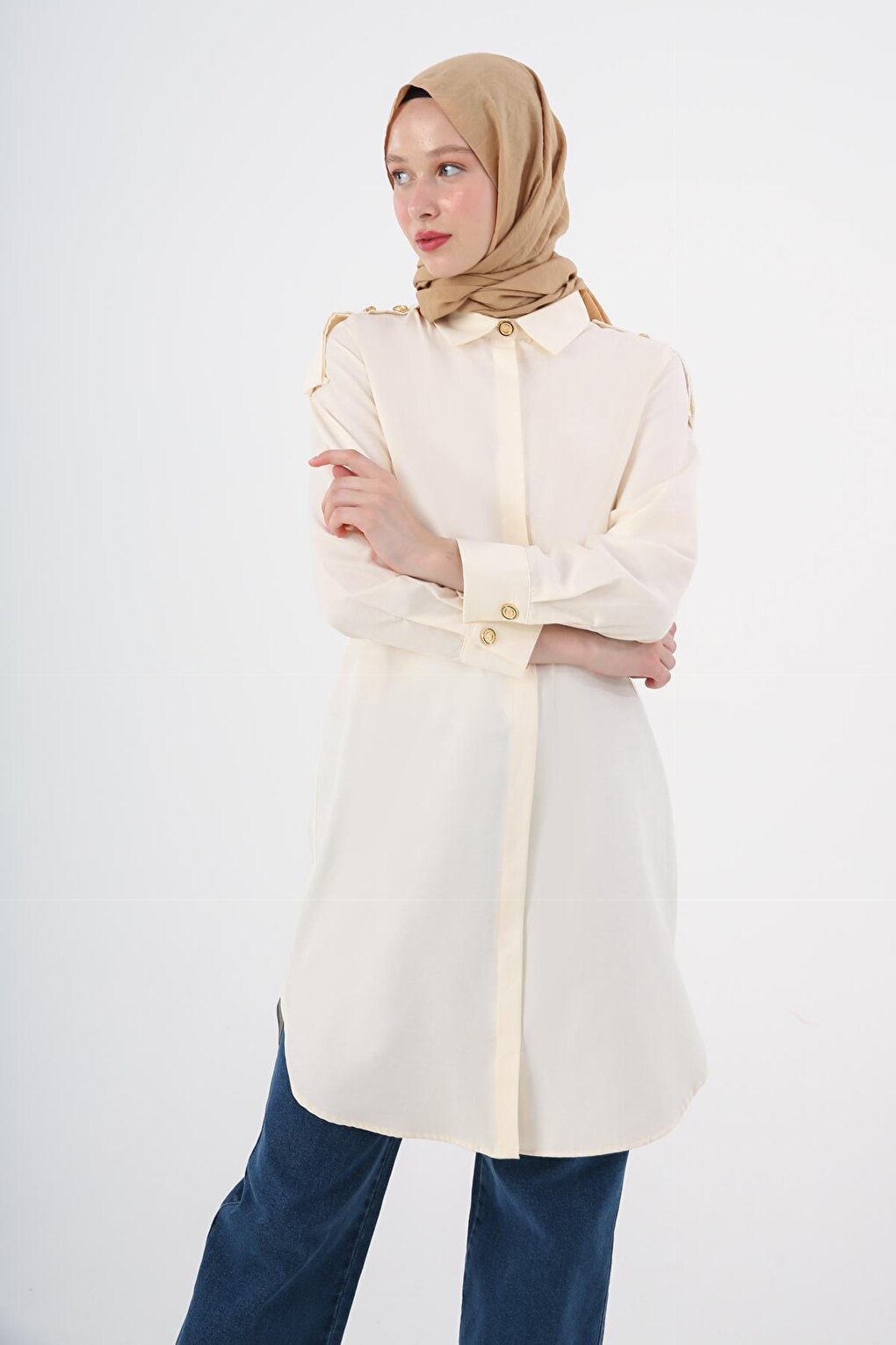 Ecru Cotton Epaulette Shirt Tunic