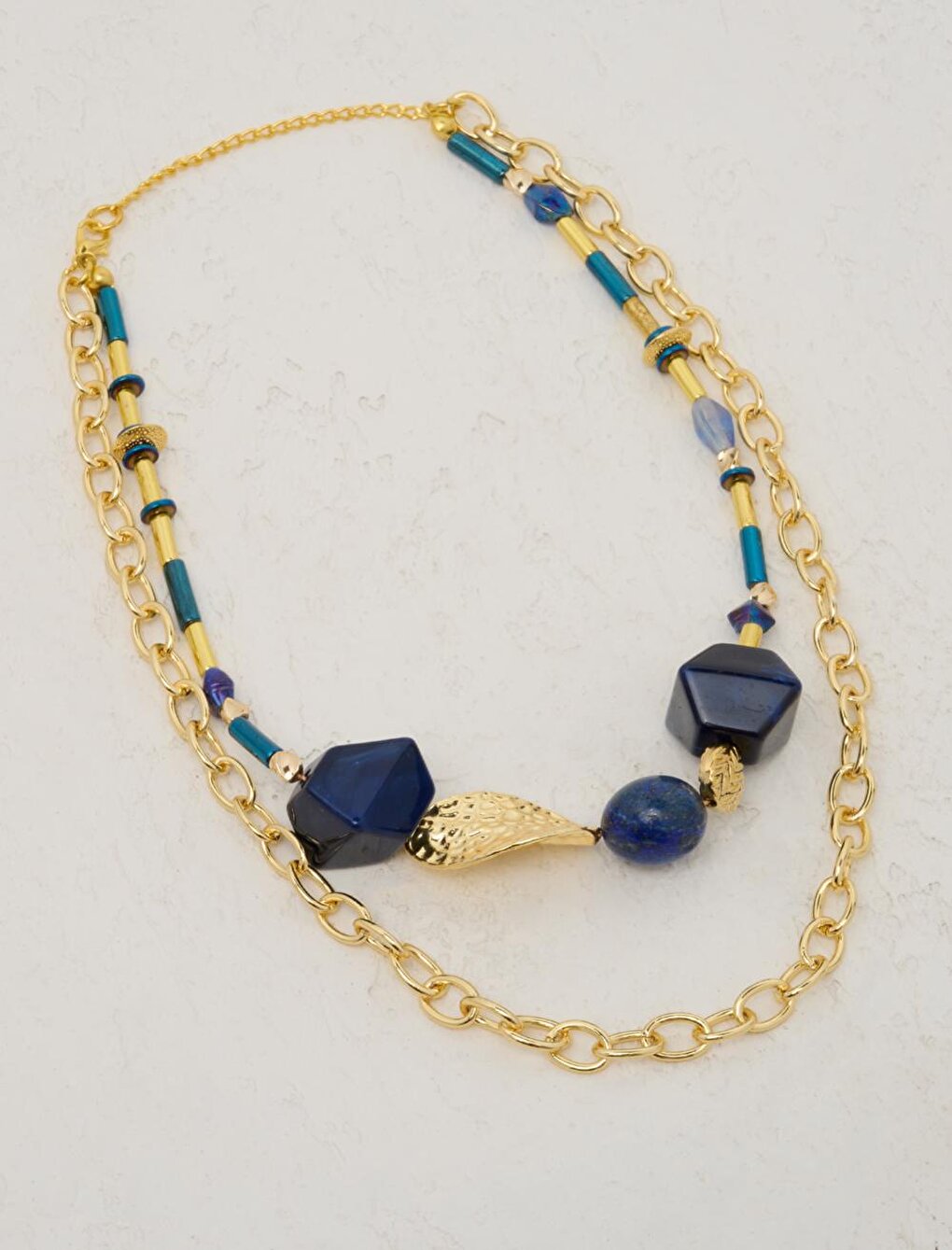 Navy Blue Natural Stone Beaded Chain Necklace