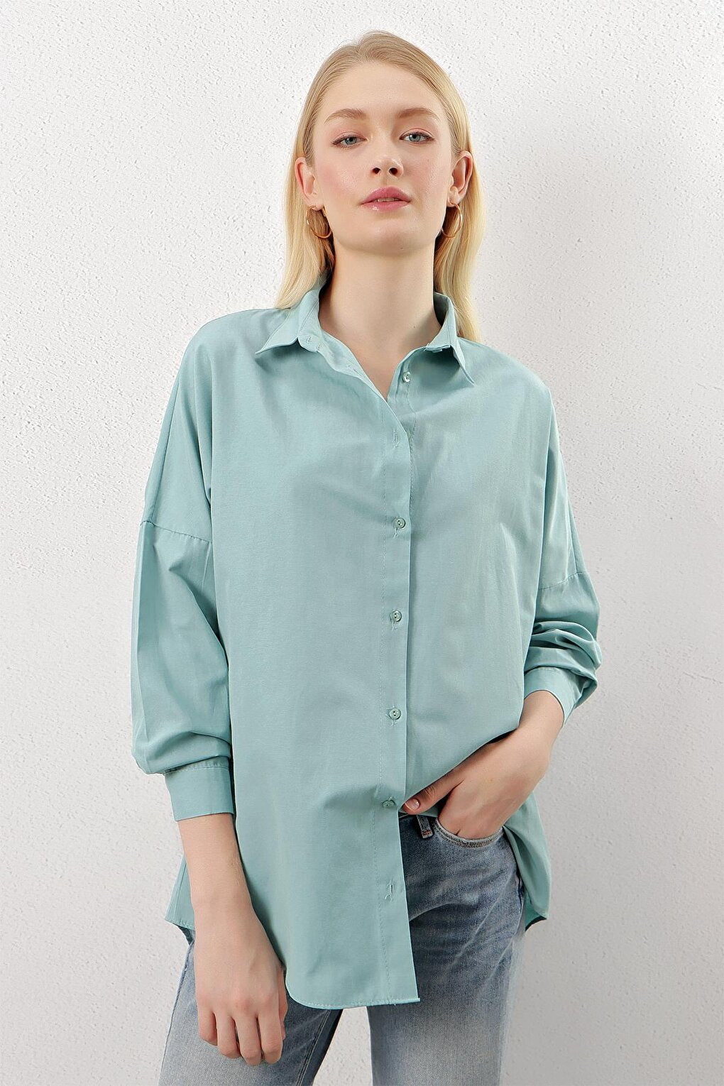 Mint Green Plain Plain Araboy Basic Oversize Shirt