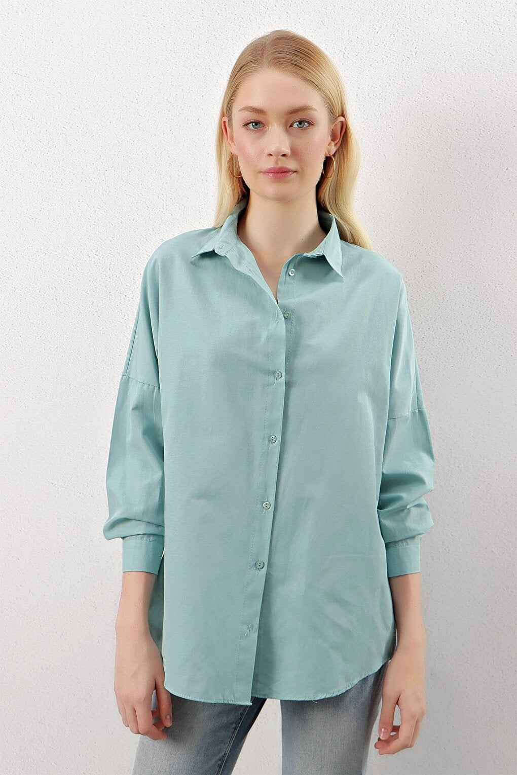 Mint Green Plain Plain Araboy Basic Oversize Shirt