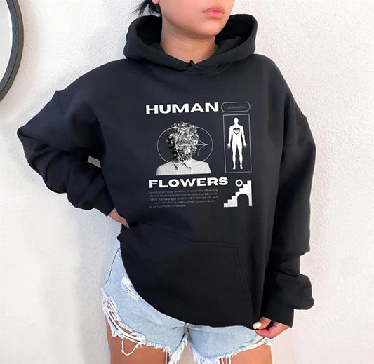 Human Flowers Black Unisex Hooded Oversize Sweatshirt Hoodie