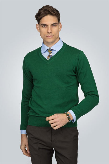 Slim Fit V-Neck Cotton Men's Green Sweater