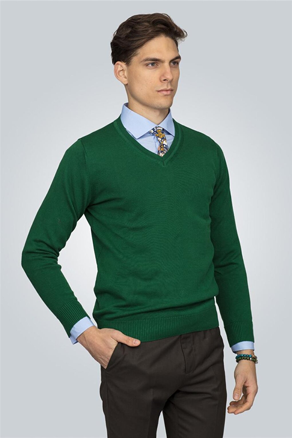 Slim Fit V-Neck Cotton Men's Green Sweater