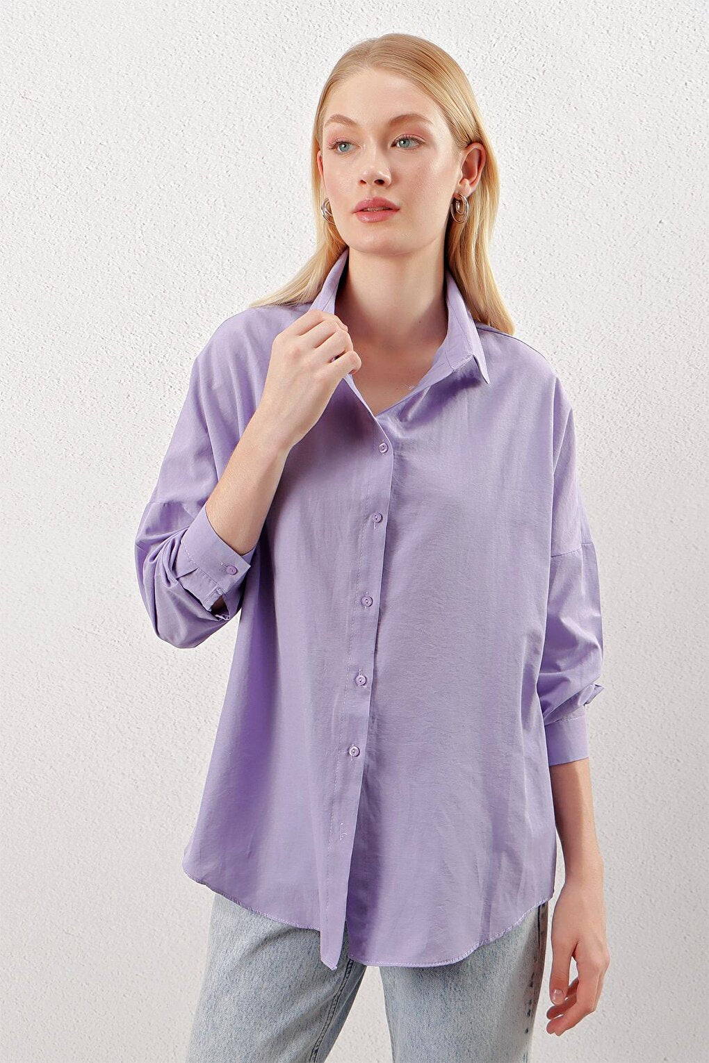 Lilac Plain Plain Araboy Basic Oversize Shirt