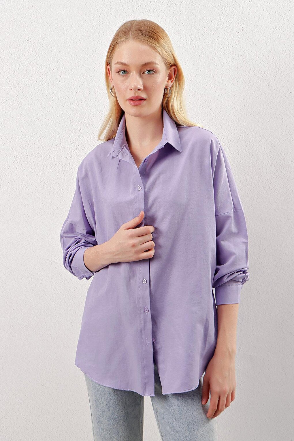 Lilac Plain Plain Araboy Basic Oversize Shirt