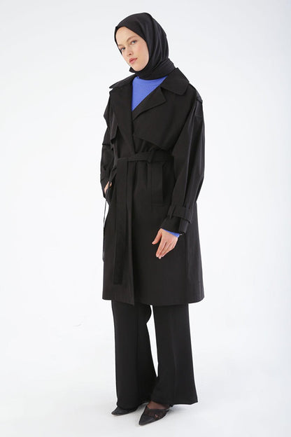 Black Belted Snap Oversize Trench Coat