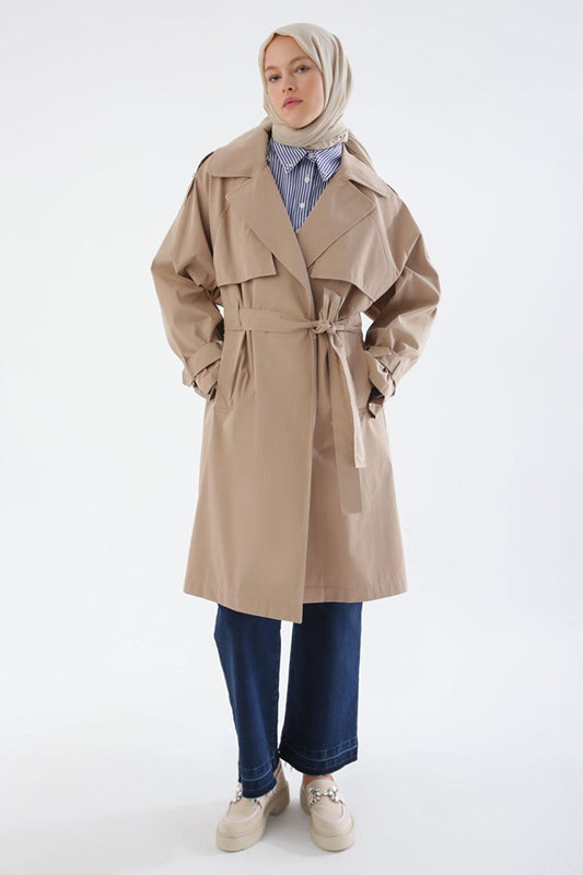 Beige Belted Snap Oversize Trench Coat