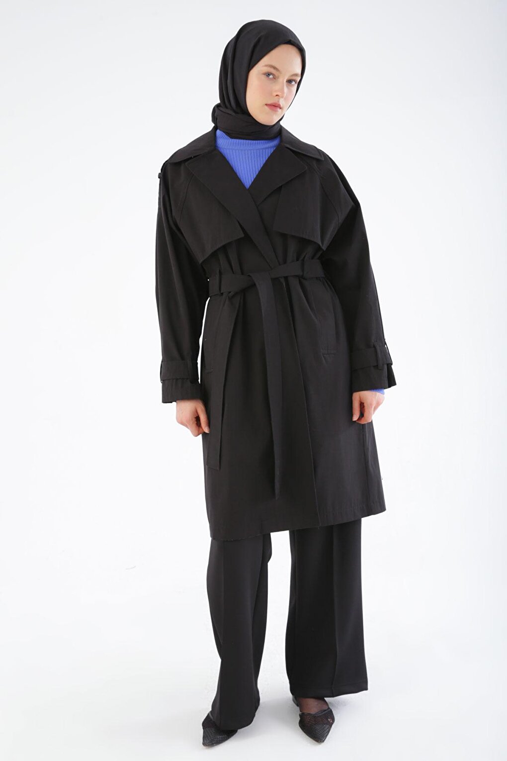 Black Belted Snap Oversize Trench Coat