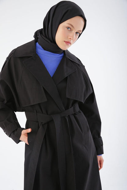 Black Belted Snap Oversize Trench Coat