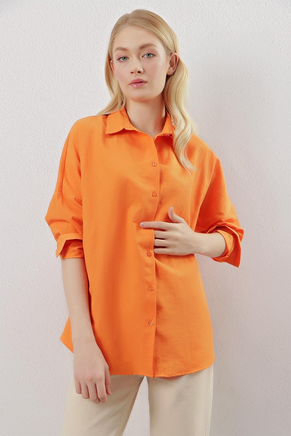 Orange Plain Plain Araboy Basic Oversize Shirt