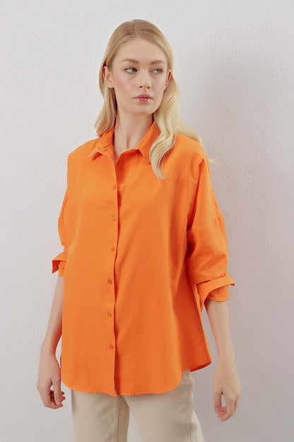 Orange Plain Plain Araboy Basic Oversize Shirt