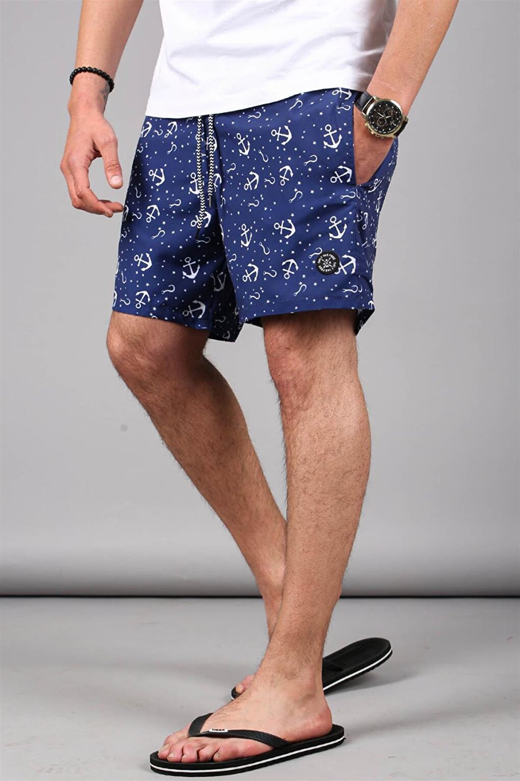 Navy Blue Anchor Patterned Men's Swim Shorts 6366