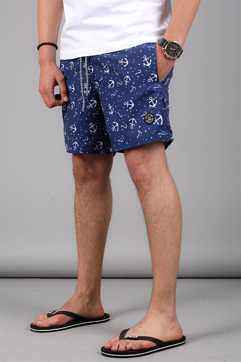 Navy Blue Anchor Patterned Men's Swim Shorts 6366