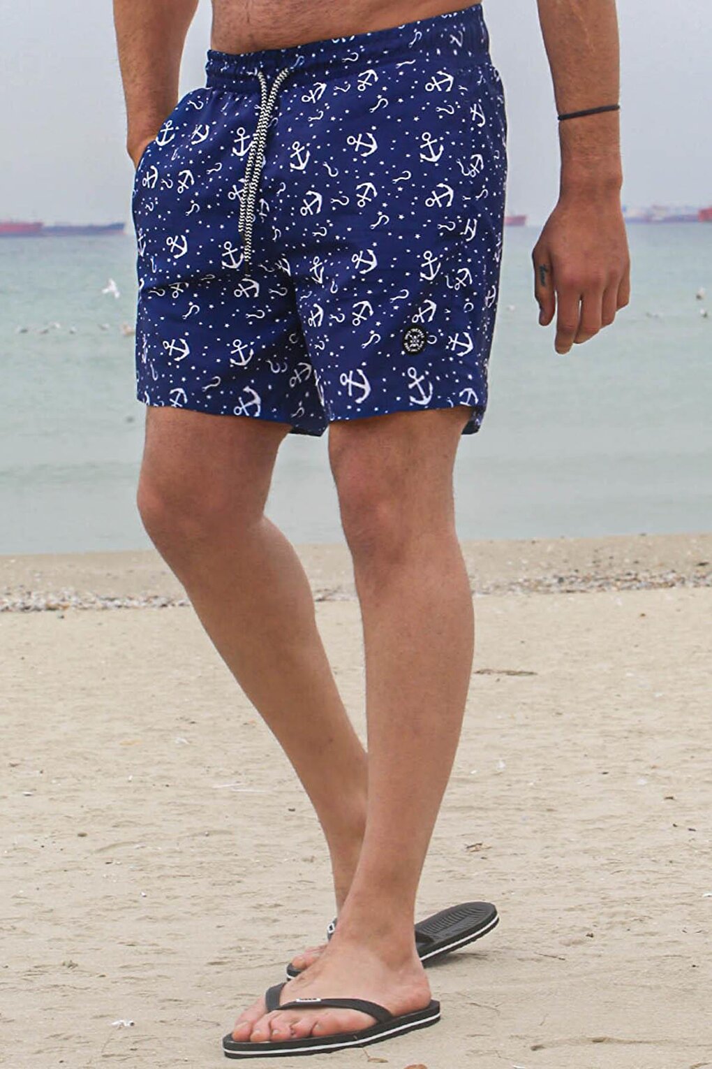 Navy Blue Anchor Patterned Men's Swim Shorts 6366