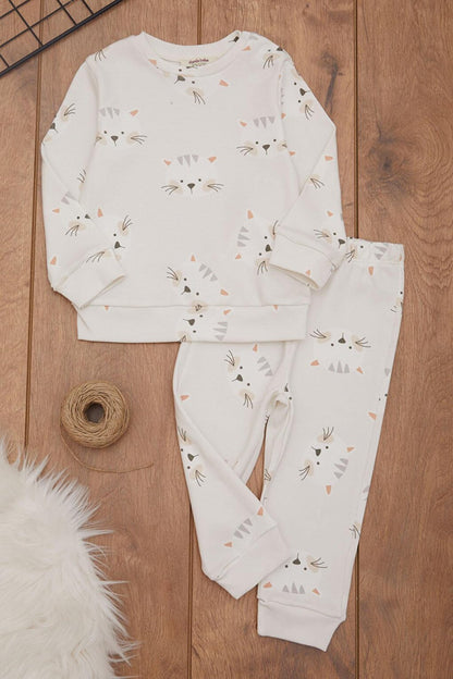 Ecru Cat Printed Snap Collar Baby Girl Tracksuit Set 17442