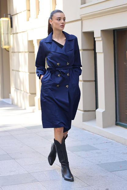 Women's Navy Blue Double Breasted Collar Tie Waist Button Trench Coat