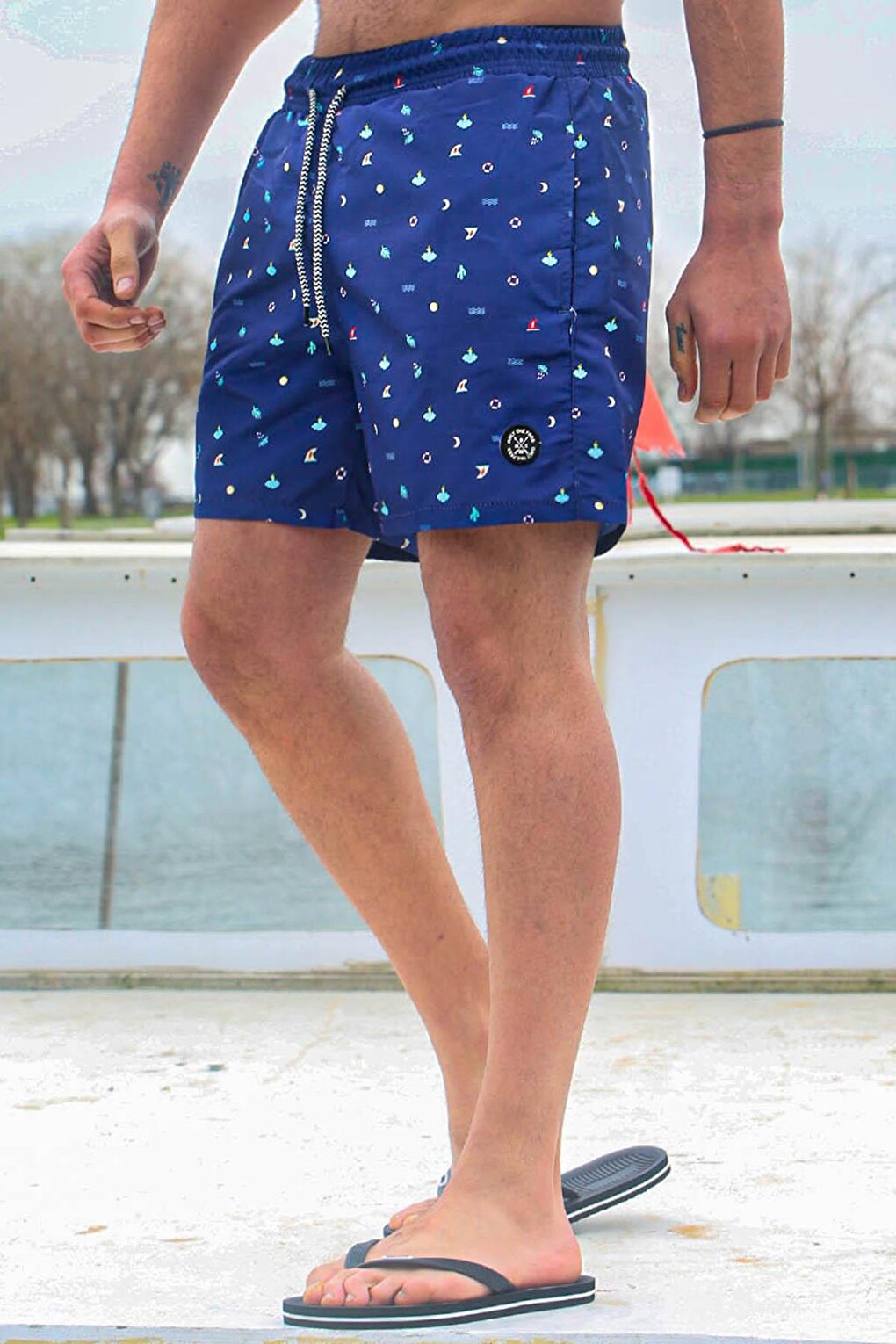 Navy Blue Patterned Men's Swim Shorts 6367