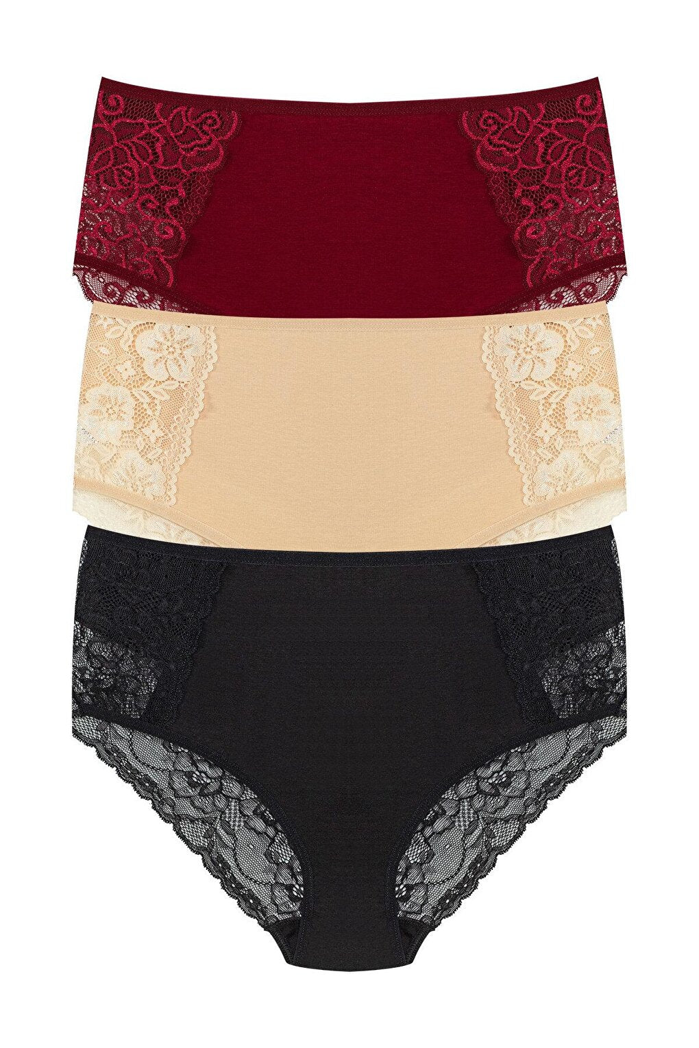 Cotton Front Sides and Back V Lace Detail High Waist Plus Size Women's Panties 3-Piece