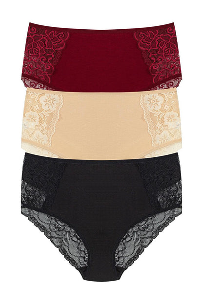 Cotton Front Sides and Back V Lace Detail High Waist Plus Size Women's Panties 3-Piece