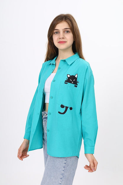 Girl's Casual Cut Cat Printed Linen Shirt 9-14 Years LX241-1