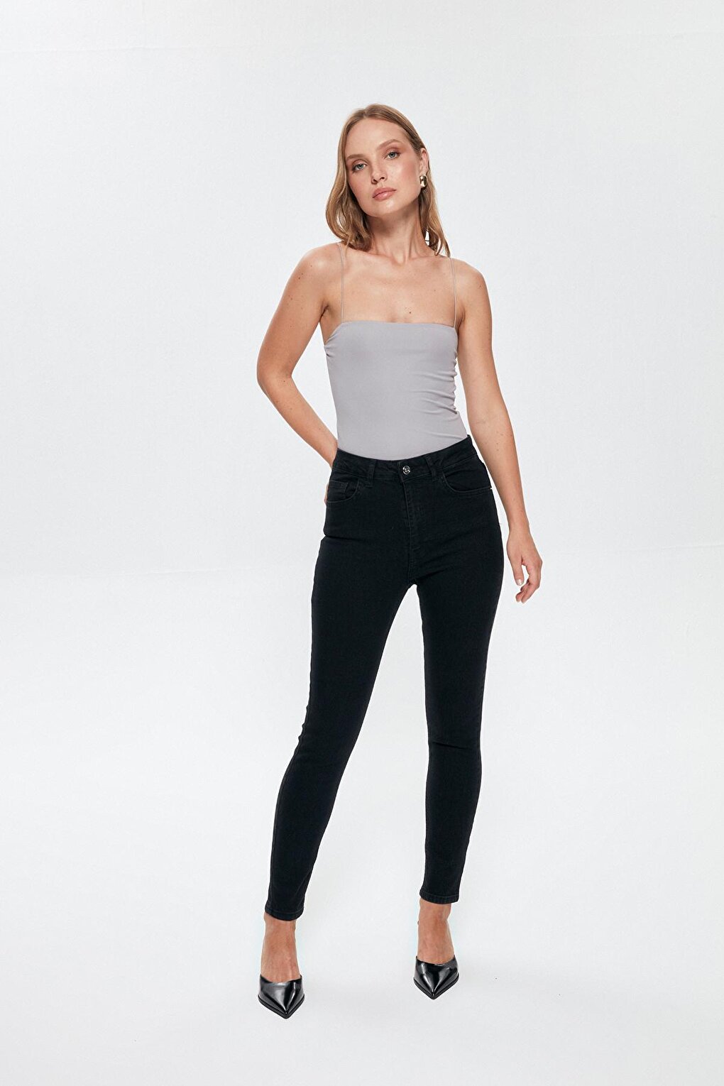 High Waist Skinny Leg Jean Trousers Black