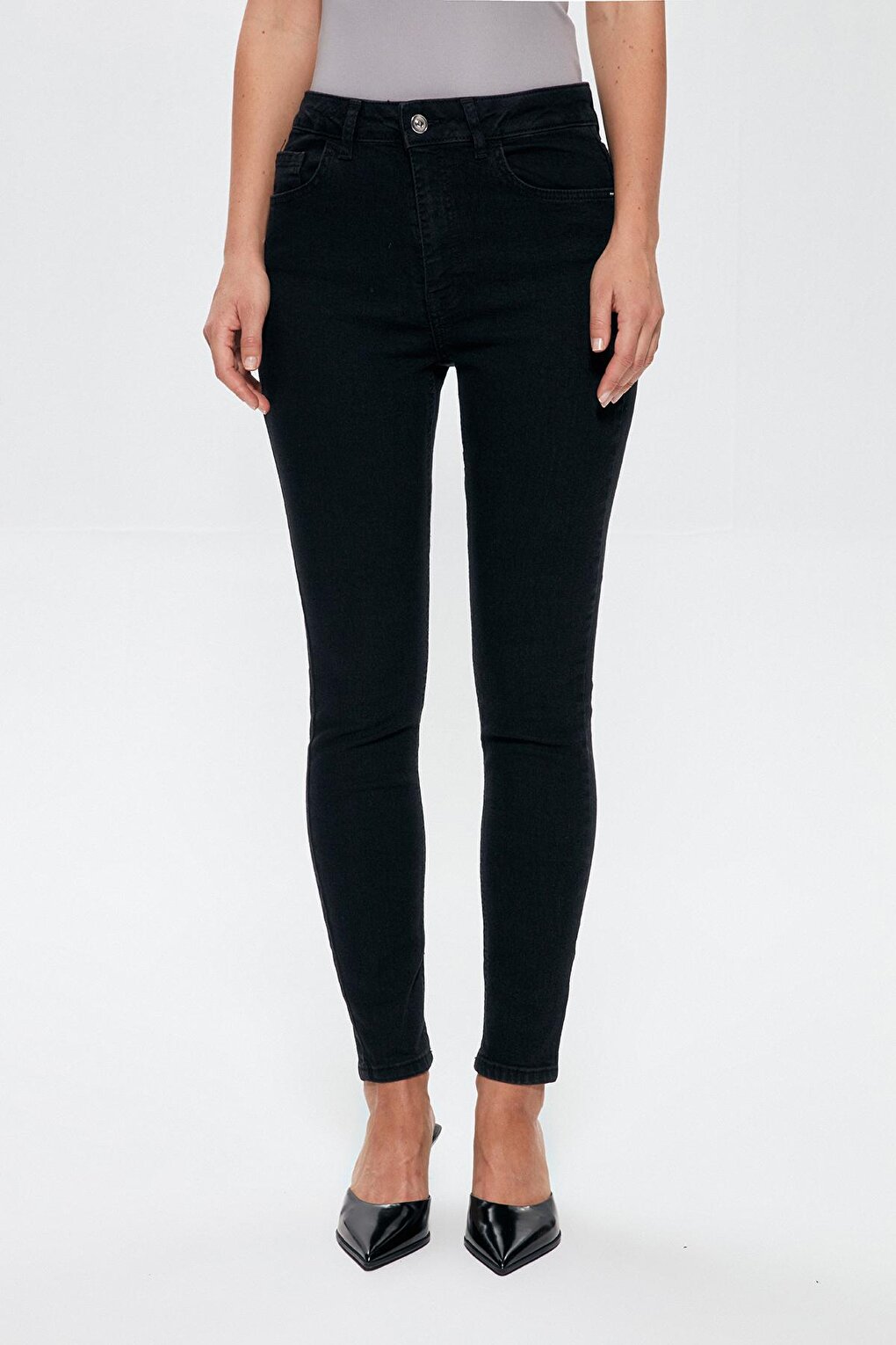 High Waist Skinny Leg Jean Trousers Black