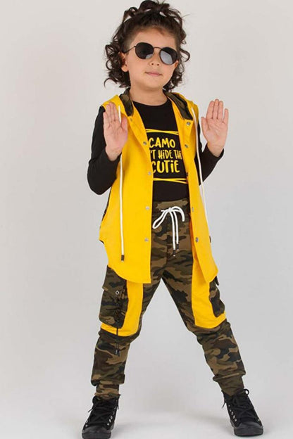 Boy's Yellow Tracksuit with Cargo Pocket and Camouflage Pattern