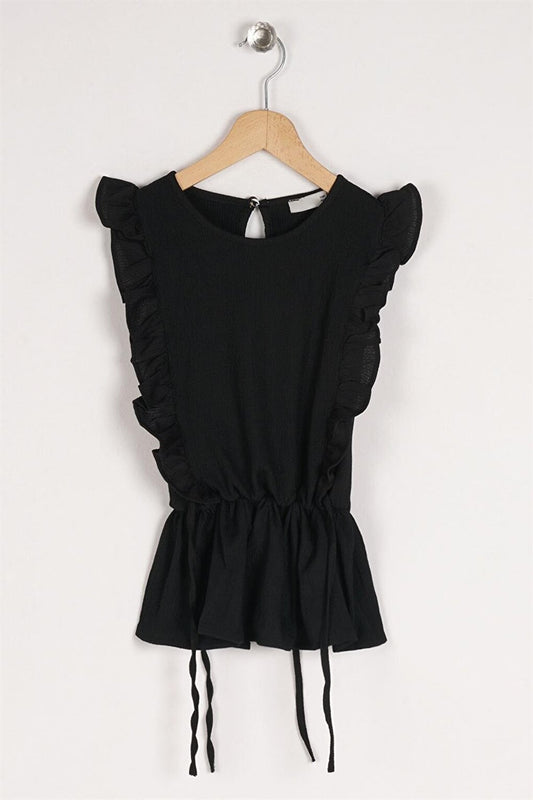 Girl's Black Colored T-Shirt with Ruffled Sleeves and Elastic Waist Detail