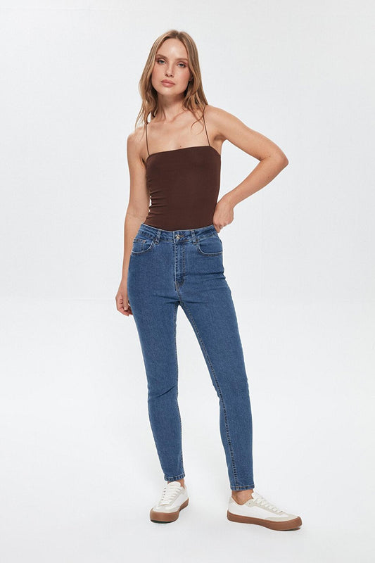 High Waist Slim Leg Jean Trousers Blue