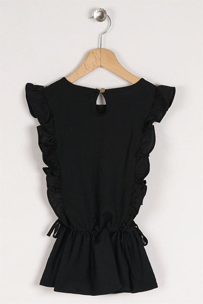 Girl's Black Colored T-Shirt with Ruffled Sleeves and Elastic Waist Detail