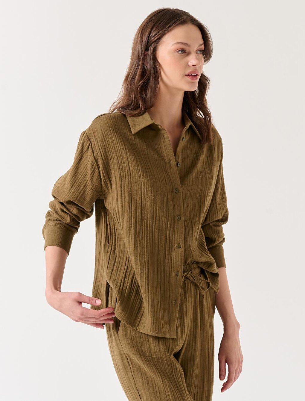 Khaki Straight Cut Long Sleeve Shirt