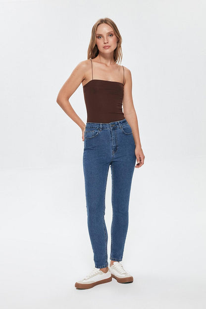 High Waist Slim Leg Jean Trousers Blue