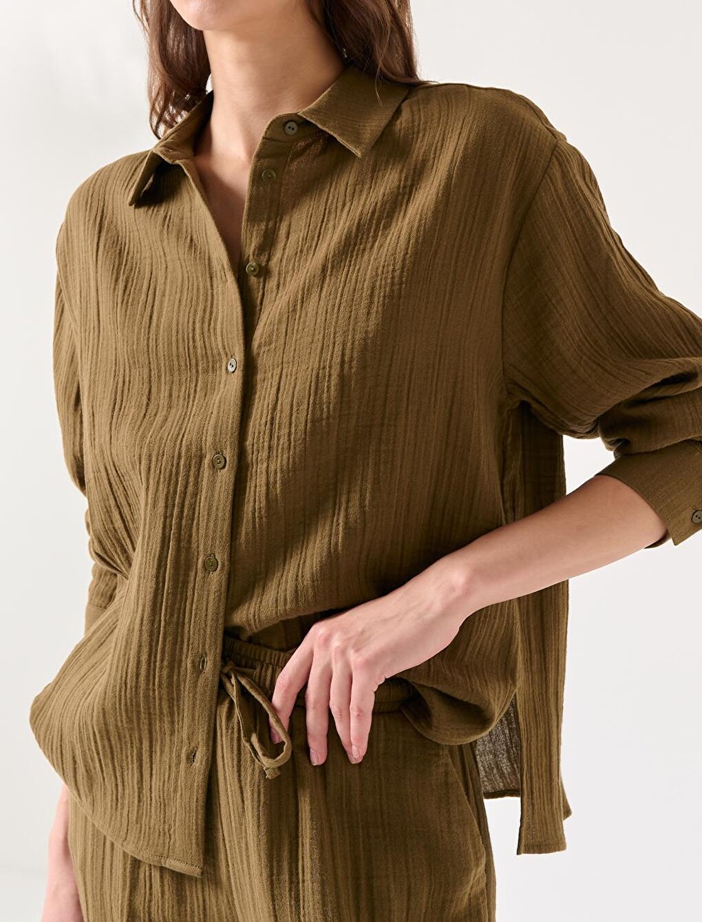 Khaki Straight Cut Long Sleeve Shirt