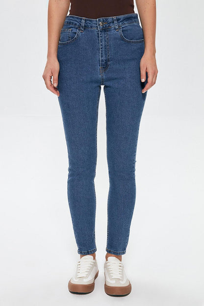 High Waist Slim Leg Jean Trousers Blue