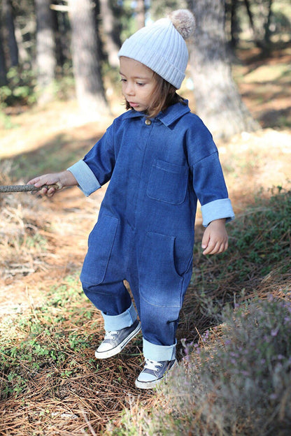 Navy Blue Denim Jumpsuit with Collar and Pockets