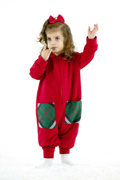 Girl's New Year Red Combed Cotton Zipper Jumpsuit