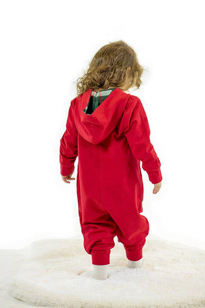 Girl's New Year Red Combed Cotton Zipper Jumpsuit