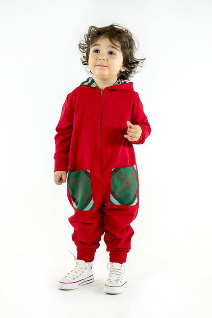 Boy's New Year's Red Combed Cotton Zippered Jumpsuit