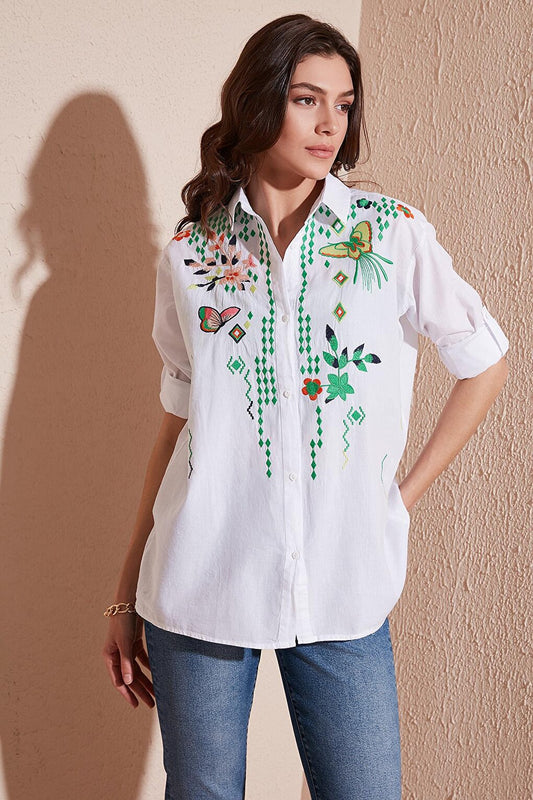 Cotton Regular Fit Foldable Sleeve Embroidered Thin Shirt 51441911